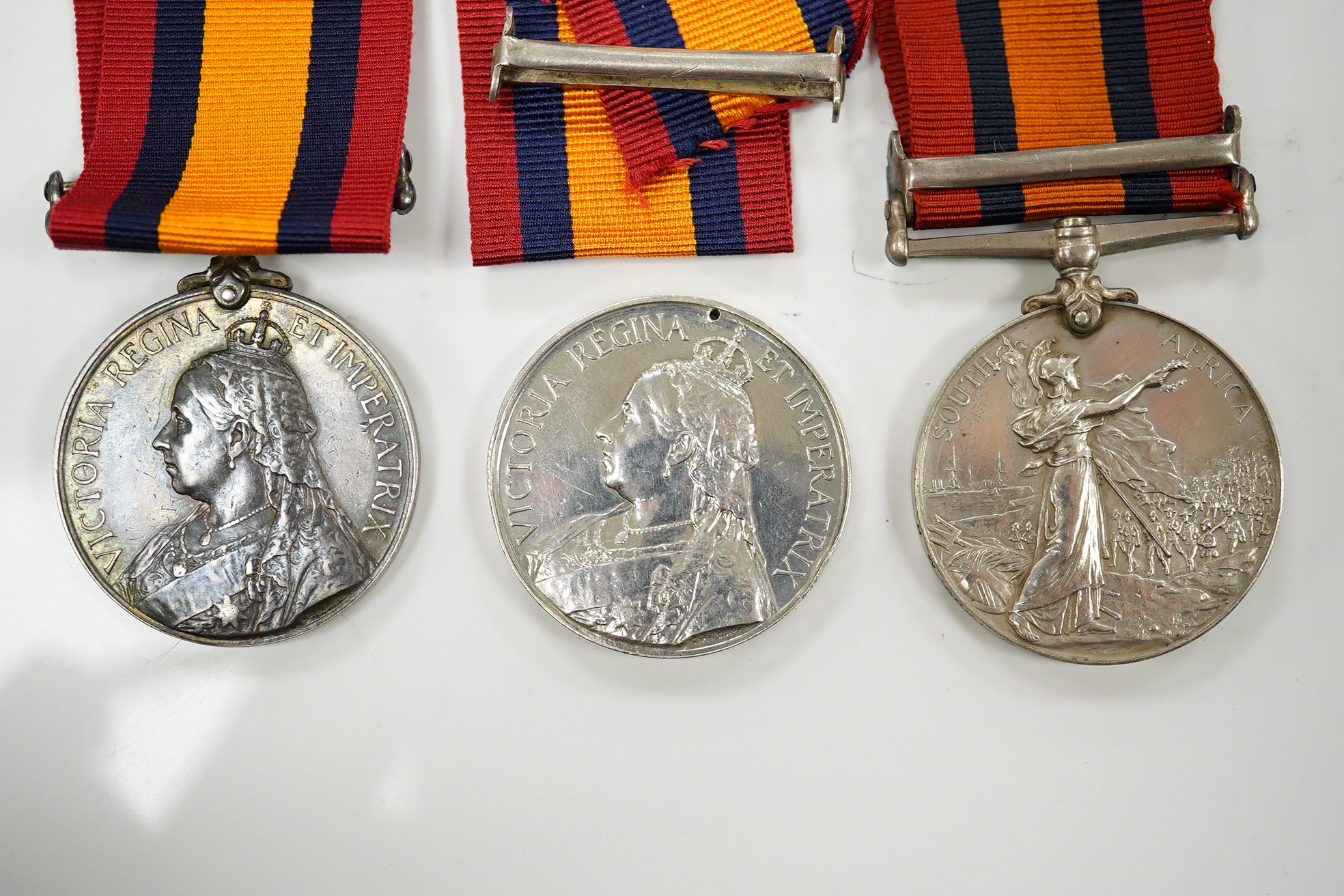 Three Queen's South Africa Medals; Trans & CC to 493 Tpr. T.R.Keegan, W.Prov.M.R.; part erased to 642 Pte E.Boyce Quuenstown Rifle Vol and disc only with Trans and OFS to 2234 Pte J.Martin4th Batt Highland Lt Infy